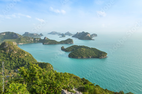 Stunning aerial  landscape view above beautiful archipelago Ang thong Islands National Marine Park Surat Thani, Thailand 