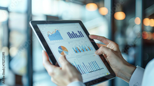 A person is holding a tablet with a graph on it. The graph shows a series of numbers and lines, and the person is looking at it intently. Concept of focus and concentration