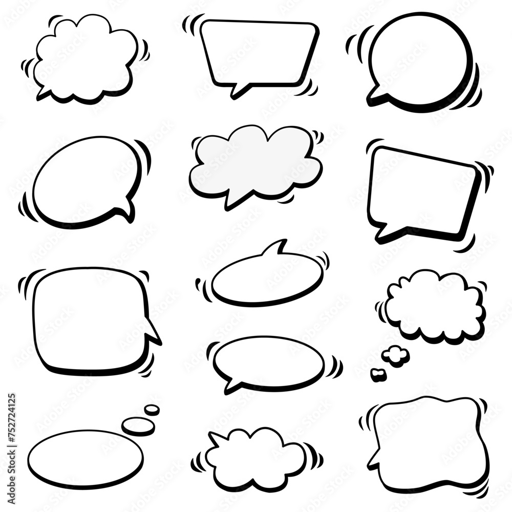 Fototapeta premium Vector set of speech bubbles for words. Hand drawn doodle. Isolated dialogue sketch for design.