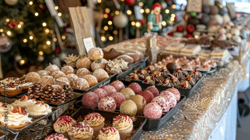 Handmade ornaments and homemade baked goods neatly displayed on a table at a local holiday market offering unique gifts for loved ones.