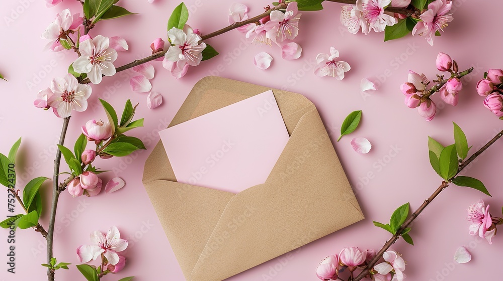 greeting card mockup. floral background. floral pattern. composition of pink flowers and green leaves. place for text. invitation. congratulation - obrazy, fototapety, plakaty 