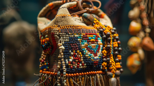 A closeup of a beaded medicine bag intricately crafted and containing sacred objects for protection and healing purposes.