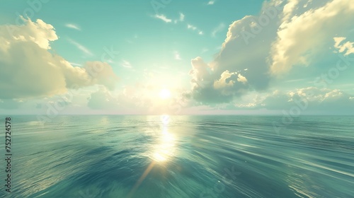 Sunlight dancing on the surface of a calm, aquamarine sea, merging seamlessly with the cloud-kissed heavens. photo