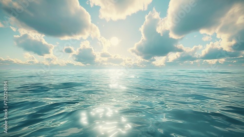 Sunlight dancing on the surface of a calm, aquamarine sea, merging seamlessly with the cloud-kissed heavens. © king,s