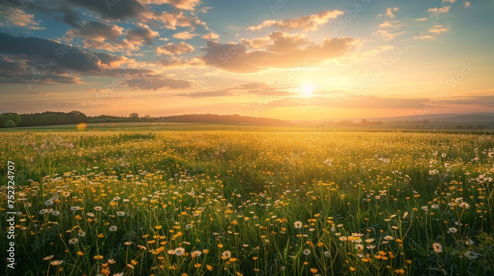 The warm sunset sky illuminates a lush field of daisies, creating a tranquil and picturesque rural landscape.