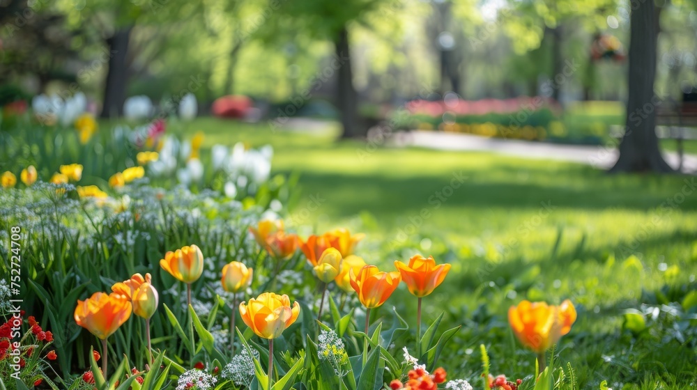 Sunlight dapples through the trees onto a vibrant display of orange tulips and diverse spring flowers in a lush park. Sunlight dapples through the trees onto a vibrant display of orange tulips and diverse spring flowers in a lush park.
