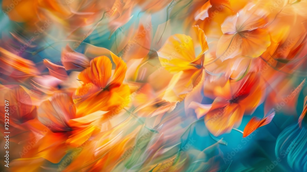 Vibrant orange flowers captured in a dynamic blur, conveying a sense of movement and a burst of floral energy.
