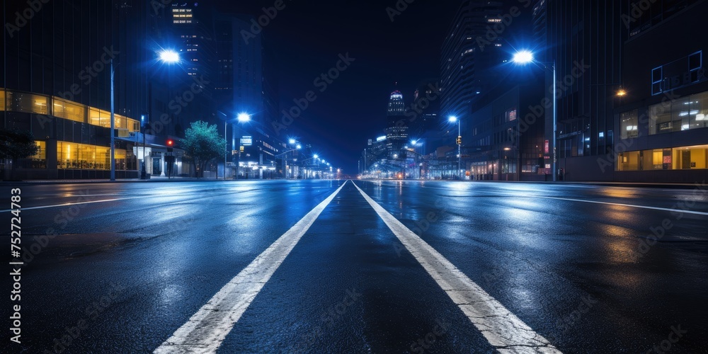 A bustling city thoroughfare is illuminated by the vibrant light trails of passing cars, flanked by towering skyscrapers that punctuate the urban skyline A bustling city thoroughfare is illuminated by the vibrant light trails of passing cars, flanked by towering skyscrapers that punctuate the urban skyline