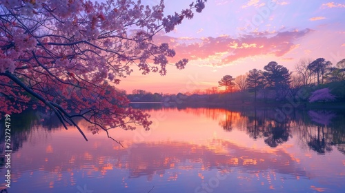 A tranquil lake reflects the stunning colors of a sunset sky  with spring blossoms framing the serene scene.