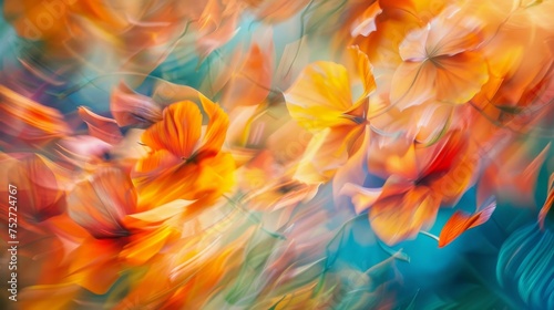 Vibrant orange flowers captured in a dynamic blur, conveying a sense of movement and a burst of floral energy. © doraclub