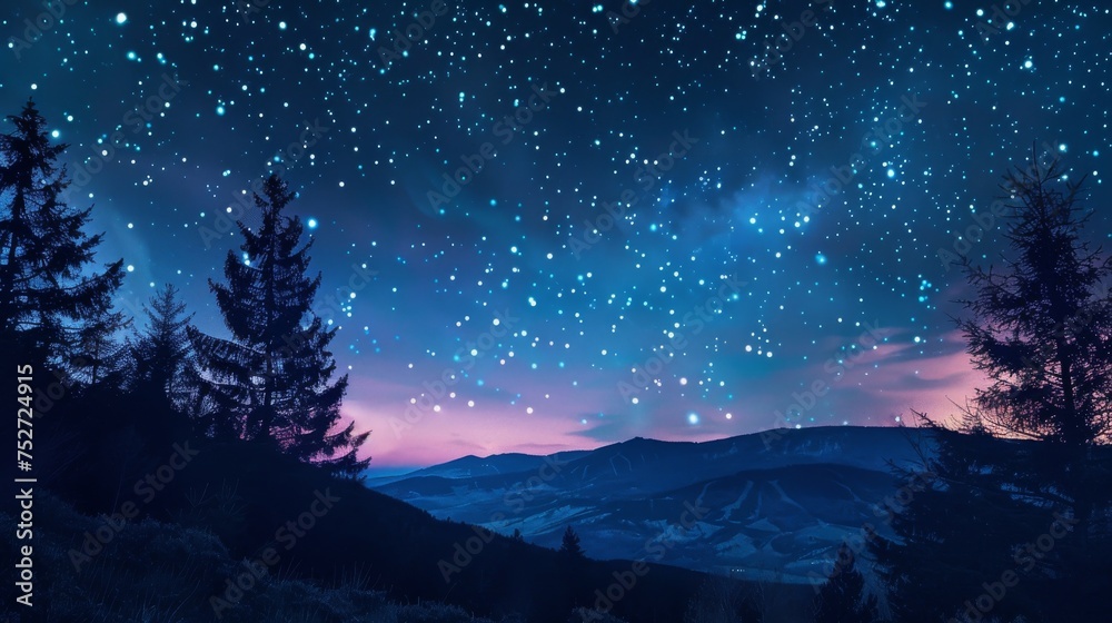 A mesmerizing starry sky blankets the tranquil silhouette of a mountain forest at twilight, inspiring awe and wonder. A mesmerizing starry sky blankets the tranquil silhouette of a mountain forest at twilight, inspiring awe and wonder.
