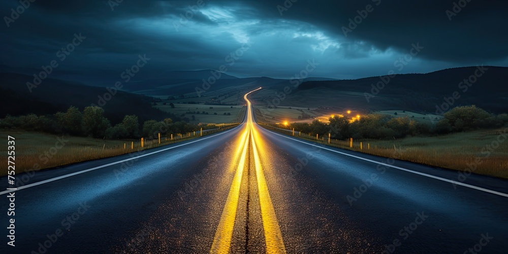 Under the cover of nightfall, an empty highway winds its way through the darkness, its lanes devoid of traffi Under the cover of nightfall, an empty highway winds its way through the darkness, its lanes devoid of traffi