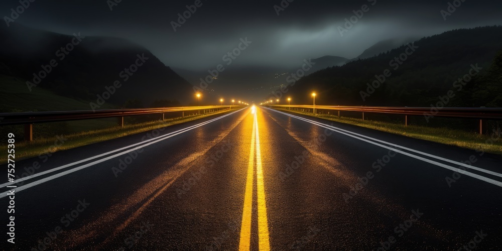 As night descends, an empty highway stretches ahead, its lanes illuminated only by the glow of moonligh