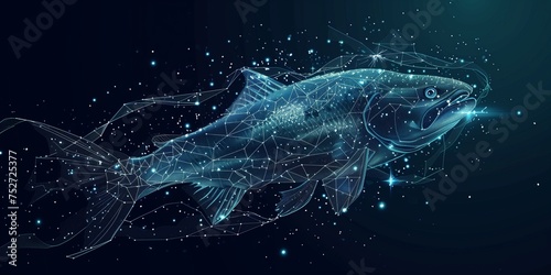 Abstract fish image with points, lines, and shapes representing planets, stars, and the universe in the shape of a starry sky or space.