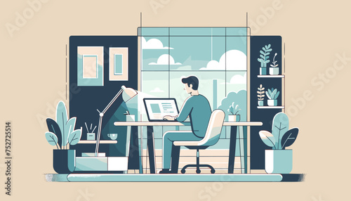 Concept of image of a person working remotely from home .Vector illustration.