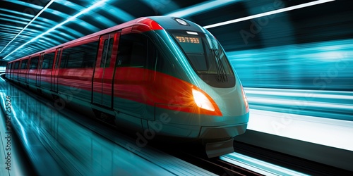 A high-speed train races forward with sleek, modern lines, embodying futuristic transportation in a dynamic panning motion © jambulart