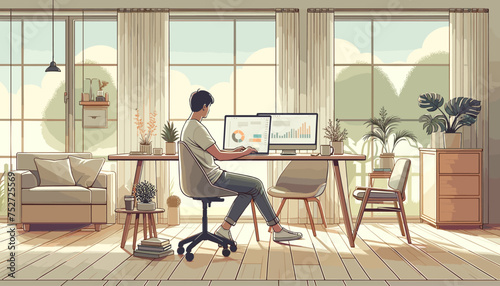 Concept of image of a person working remotely from home .Vector illustration. © DRN Studio