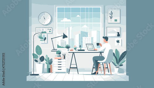 Concept of image of a person working remotely from home .Vector illustration.