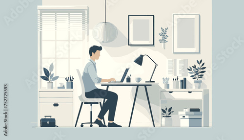 Concept of image of a person working remotely from home .Vector illustration.