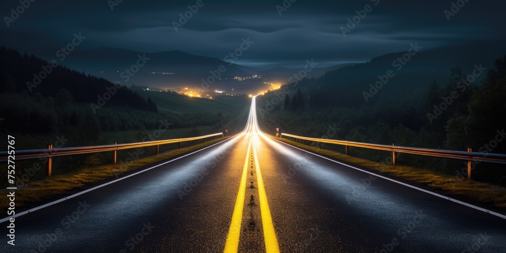 Under the cover of nightfall, an empty highway winds its way through the darkness, its lanes devoid of traffi
