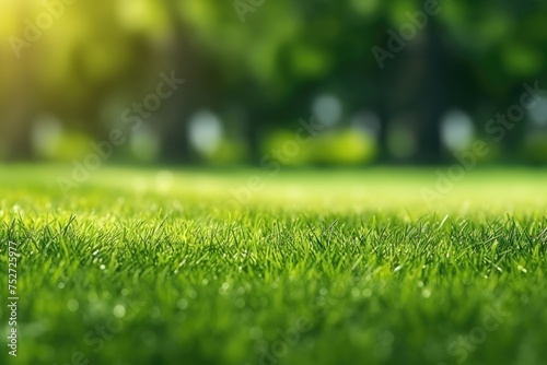 Under the radiant sun of a spring day, a meticulously groomed lawn is framed by a lush grove of trees, creating a tranquil oasis of greener