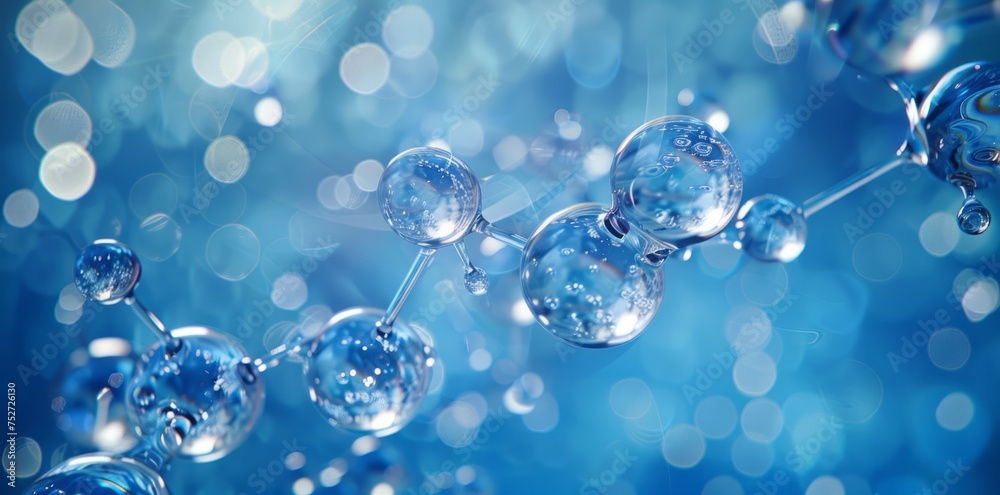 The blue background with molecular structure of water, structural chemical formula view from a microscope.