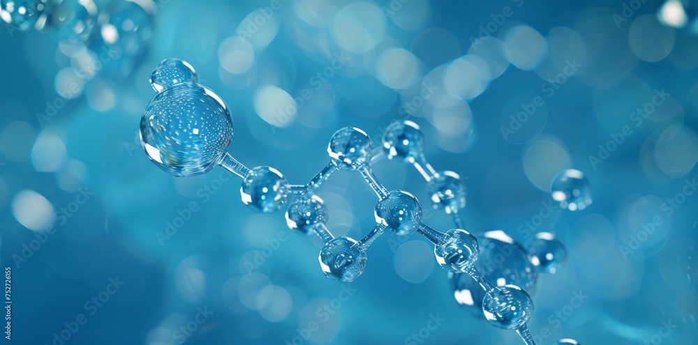 The blue background with molecular structure of water, structural chemical formula view from a microscope.