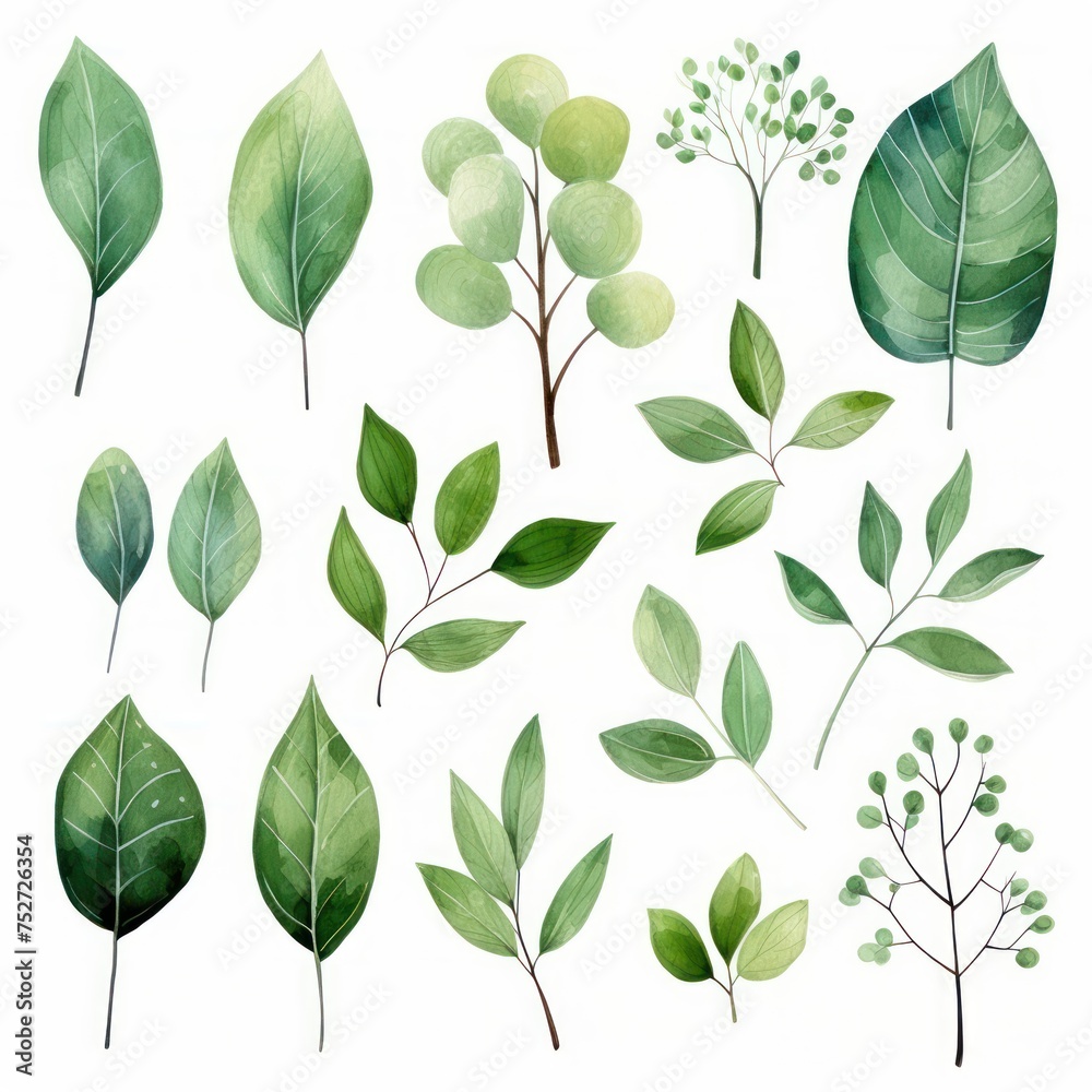 A collection of green leaves and branches hand drawn watercolor. The leaves are all different sizes and shapes