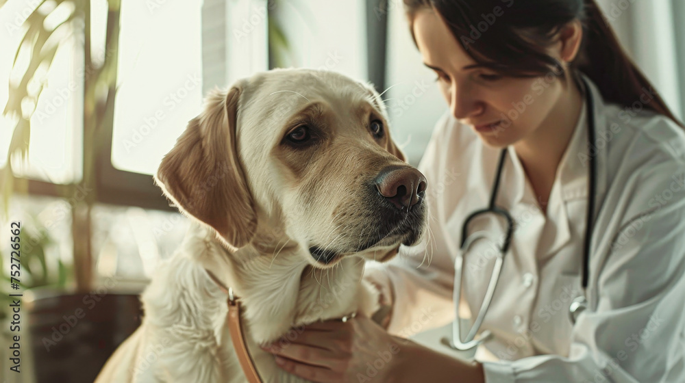 A woman is examining a dog. The dog is brown and has a white nose. The woman is wearing a white lab coat