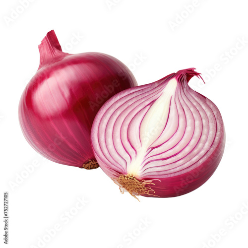 Red onion cut in half isolated on transparent a white background 