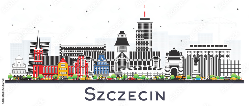 Szczecin Poland city skyline with color buildings isolated on white. Szczecin cityscape with landmarks. Business travel and tourism concept with modern and historic architecture.