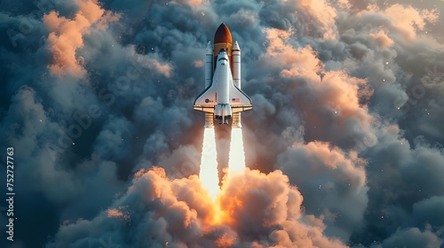 The spaceship is taking off to the sky and space photo
