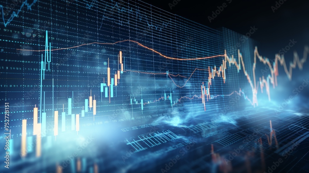 An image with a blue economic graph and market data
