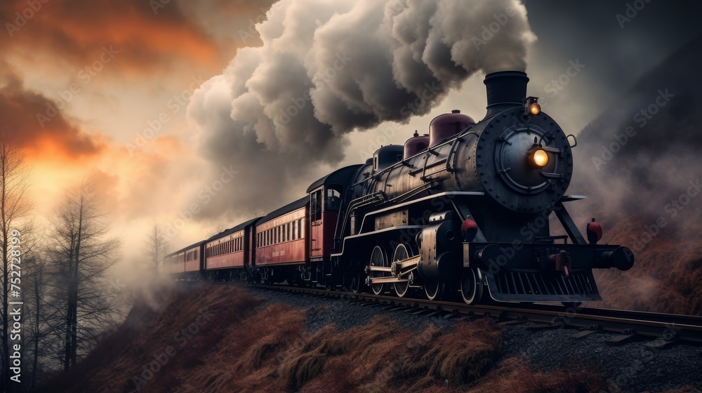 An old steam train in a motion