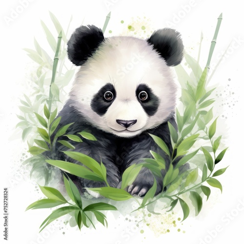 A panda is sitting in a green field with bamboo. The panda is looking at the camera and he is curious. hand drawn watercolor