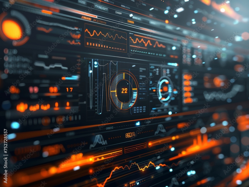 Close-up of a futuristic digital data dashboard displaying various analytics and metrics in a dynamic, illuminated interface.