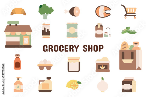 Grocery Shop Flat Vector Illustration Icon Sticker Set Design Materials