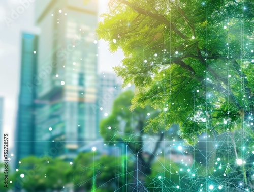 Conceptual image illustrating an eco-friendly urban environment, highlighted by a digital network overlay, representing smart green cities.