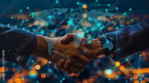 Image of a business handshake superimposed on a glowing world map, symbolizing global partnerships and international business.
