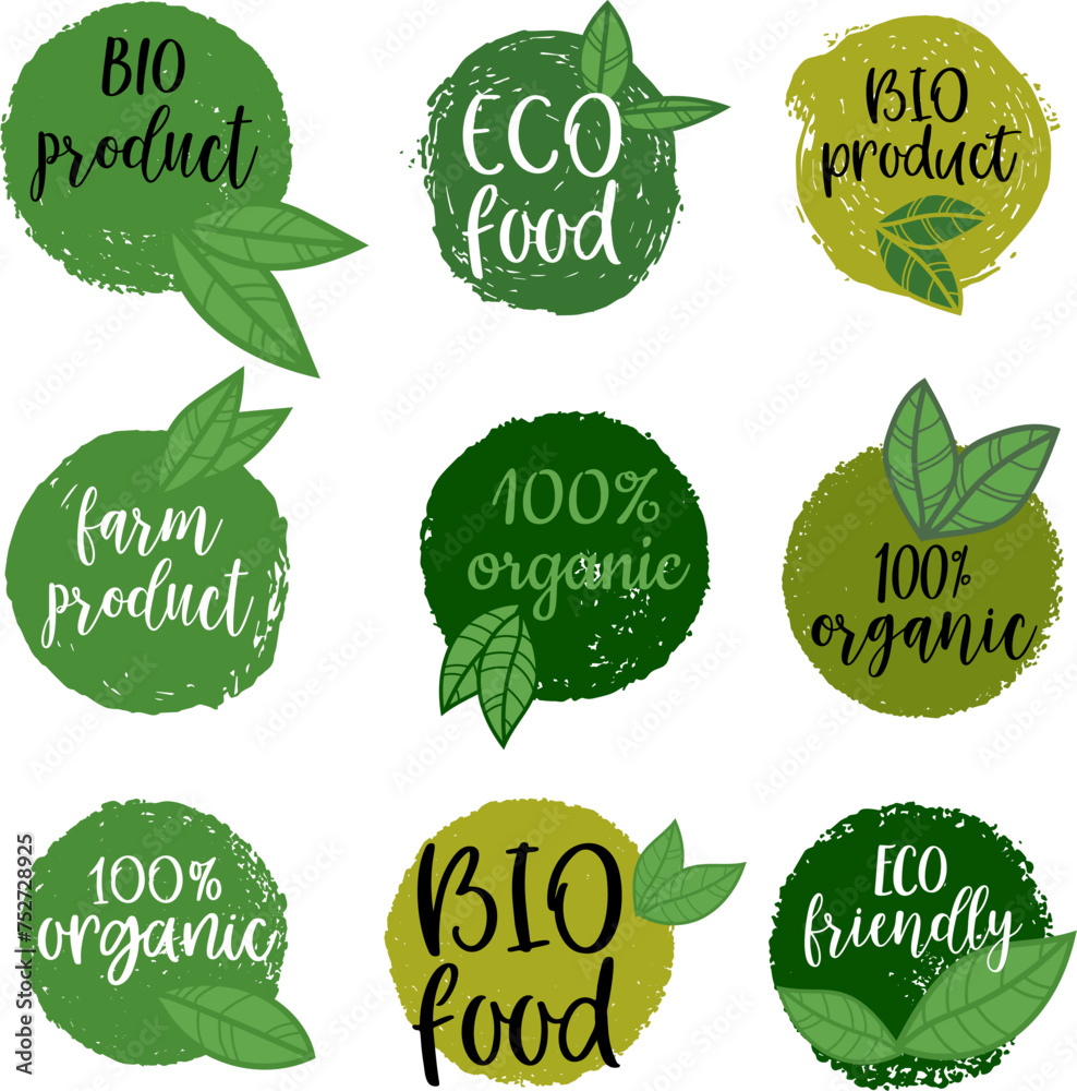 Set of hand drawn emblems with organic food, eco food, fresh, natural, gluten free, bio food. Vector design element