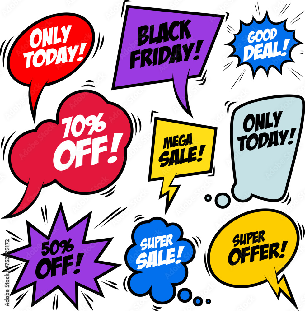 Set of bubbles, cloud talk, different shapes for Sale and Discount themes in comic style. Design elements in vector. Set of bubbles, cloud talk, different shapes for Sale and Discount themes in comic style. Design elements in vector.