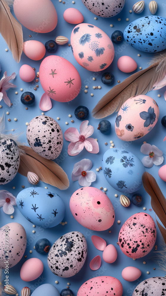 Happy Easter. Vertical banner, instagram story or tiktok background. Pastel colored eggs on light blue background, pastel colors