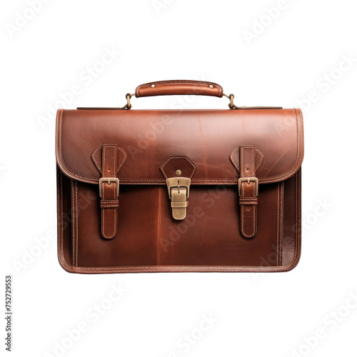 Vintage brown leather briefcase isolated on transparent a white background