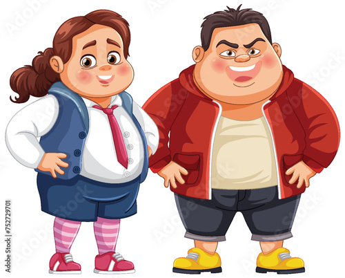 Two cartoon children standing together, smiling.