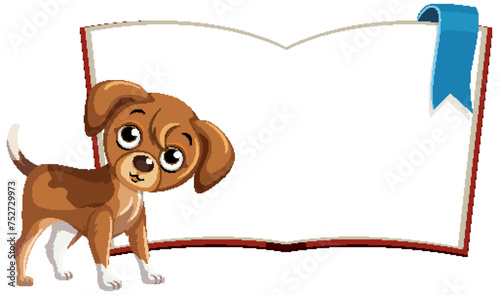 Cute brown puppy standing beside an open book