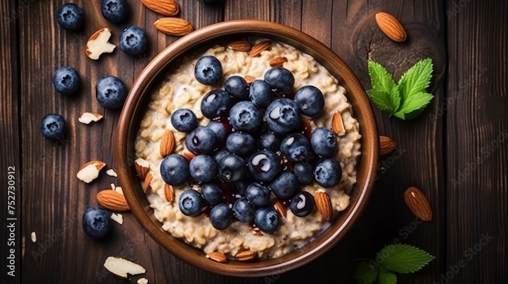Blueberry and nut topped oatmeal on a rustic backdrop Blueberry and nut topped oatmeal on a rustic backdrop