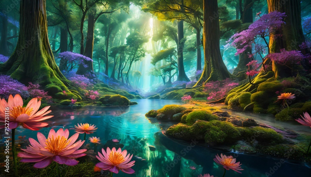 landscape with flowers and water, An underwater forest where bioluminescent creatures illuminate the darkness, flowers emerge above water, Ai Generate  