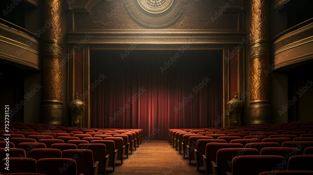 cinema hall with chairs, Theater scene and curtain photo
