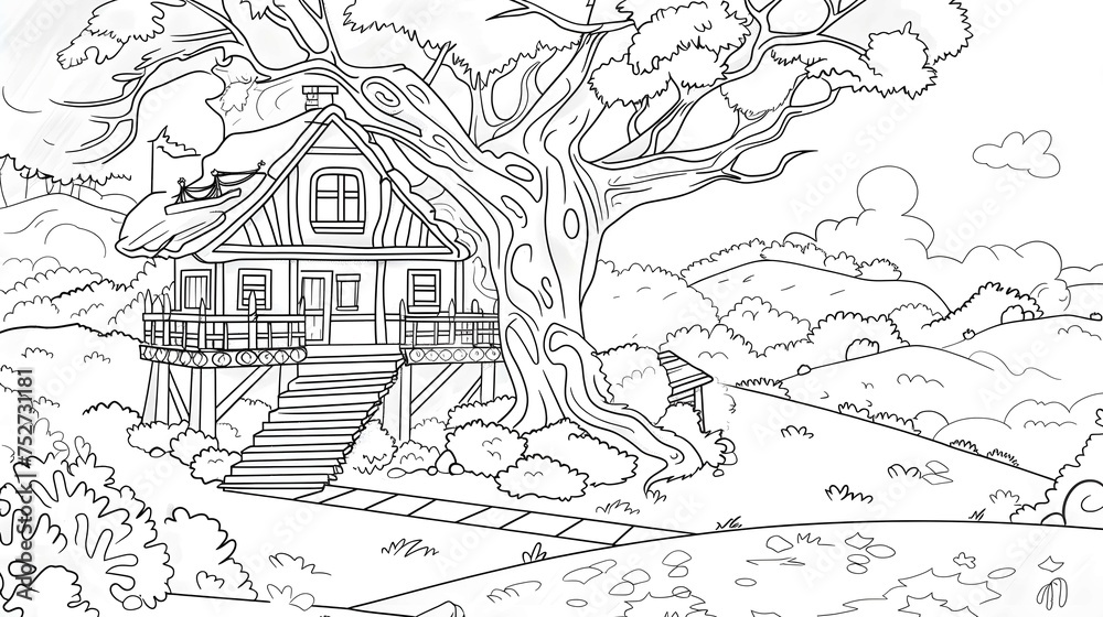 Kids coloring book page with fantasy house home building in tree. Can be used for fun game play education adults or kids