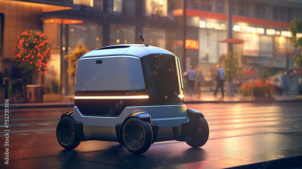 An automated robot car drives down the street and delivers food and parcels An automated robot car drives down the street and delivers food and parcels